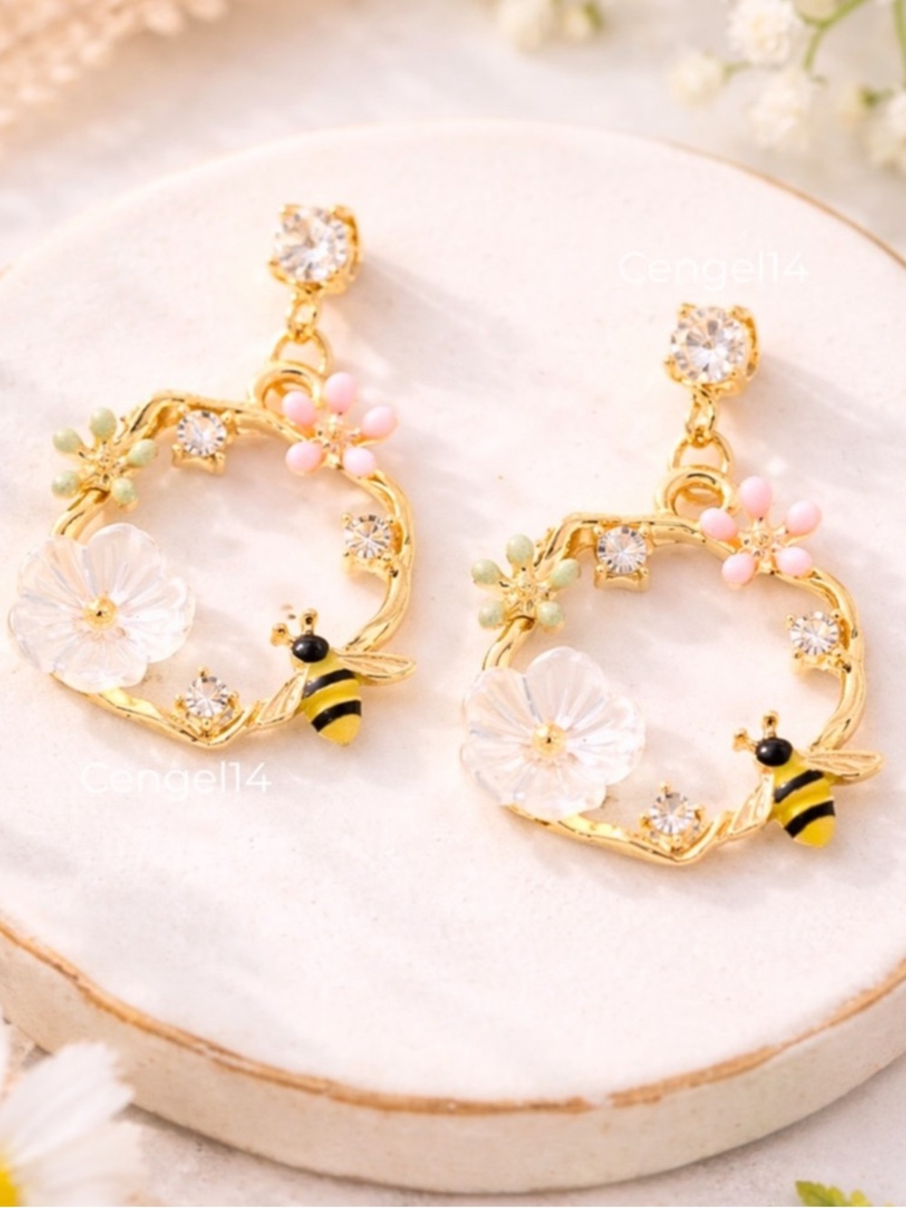Dainty Gold Bee Flower Earrings Sparkly CZ Garden Cottagecore Jewelry
